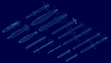 Blueprint of multiple submarines arranged in a symmetrical pattern with distinct shapes and sizes. The wireframe design highlights missile and bomb features against a deep blue background. © German Ovchinnikov