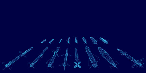 A collection of sleek wireframe rockets arranged symmetrically on a dark blue background. The sharp contrast highlights the futuristic missile designs. The balanced composition creates a visually.