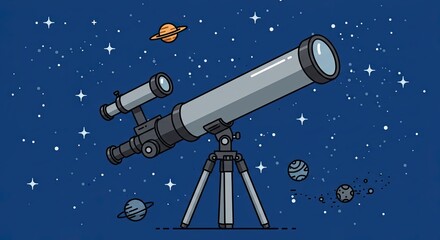 Cartoon Telescope Observing Planets in Night Sky with Stars Illustration