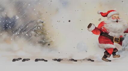 Cartoon Santa Claus walking joyfully through snowy forest with footprints and falling snow. Illustrated animation style. 4K video - Powered by Adobe