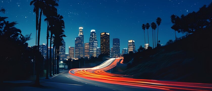 Nighttime traffic flow los angeles cityscape urban environment long exposure dynamic city life
