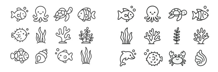 Cute marine life illustrations featuring various sea creatures, corals, and plants in a minimalist style