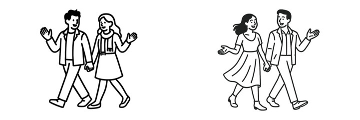 Couples walking hand in hand in a park during springtime sunshine enjoying a leisurely afternoon together