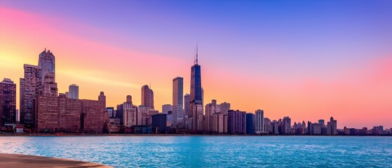 Naklejka premium Stunning sunset over chicago skyline lakefront view urban landscape vibrant colors serene atmosphere