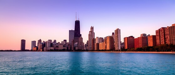 Stunning sunset over chicago skyline illinois cityscape urban panoramic view vibrant colors