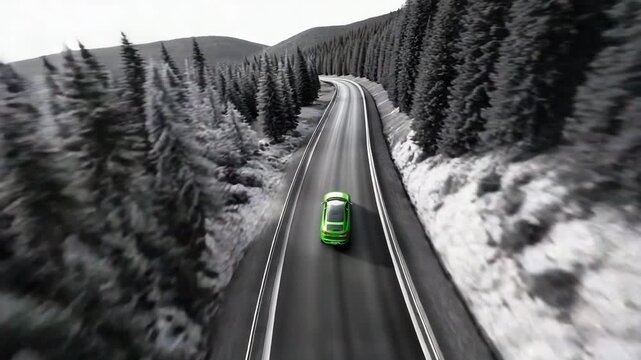 Elektroauto auf Waldstra&szlig;e &ndash; Schwarz-Wei&szlig;-Landschaft verwandelt sich in kr&auml;ftige Farben. K&uuml;nstliche Intelligenz KI