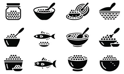 A vector collection of caviar and fish roe icons in solid and outline styles, featuring jars, bowls, spoons, fish, baskets, grinders, and serving dishes. Perfect for seafood restaurants, gourmet food 