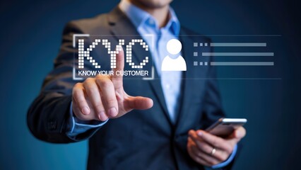 Professional businessman interacts with KYC interface on digital screen, confirming customer identity and data.