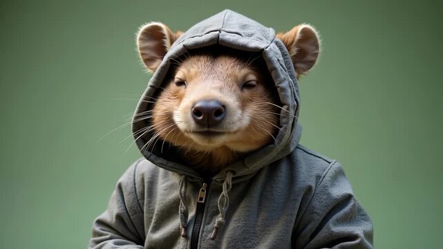 Wombat in rock costume with gray fabric and painted cracks, stubby nose, calm eyes, perfectly camouflaged for Halloween video footage