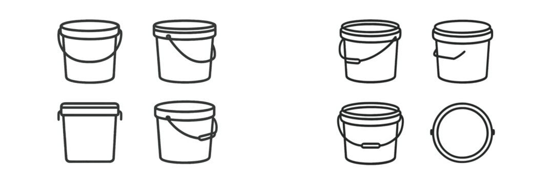 Various designs of buckets displayed in a creative arrangement for product illustration purposes