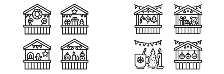 Holiday market stalls decorated with festive items and cheerful elements during winter season celebrations