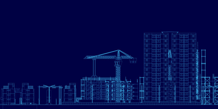 A detailed blueprint of a modern building under construction, featuring a wireframe structure and a towering crane in the background. The dark blue backdrop highlights the architectural design.