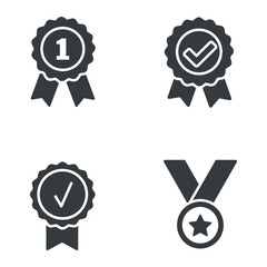 Illustration of four black and white award icons including ribbons checkmarks and a star medal vector