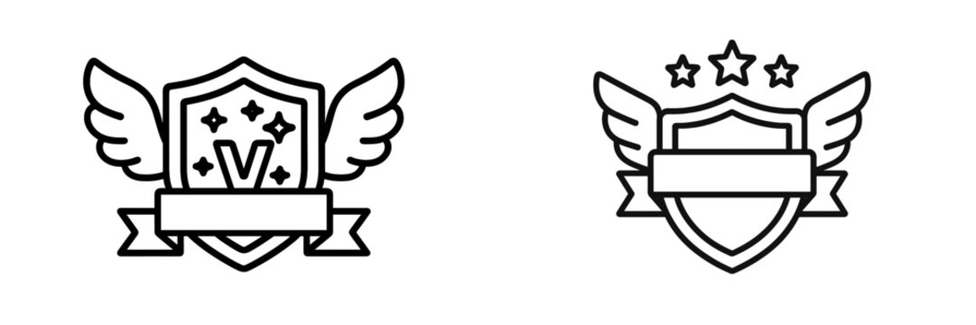 Stylized winged shield logos featuring stars and banners in a minimalist design