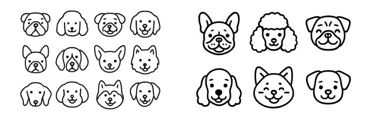 Fototapeta premium Different dog breed illustrations showcasing unique features and expressions through simple line drawings in a playful arrangement