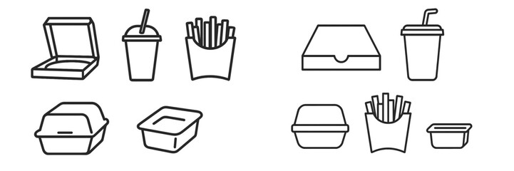 Icons of fast food containers, cups, and fries showcasing modern dining takeout options in simple line design
