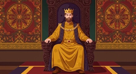 King with Gold Crown Seated on Throne with Ornate Backdrop