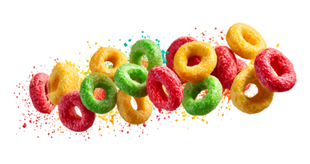Dynamic Colorful Cereal Rings with Explosive Splashes isolated on a transparent background