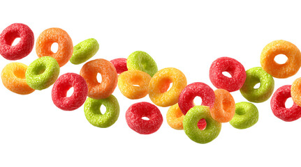 Vibrant Breakfast Cereal Loops Floating Dynamically isolated on a transparent background