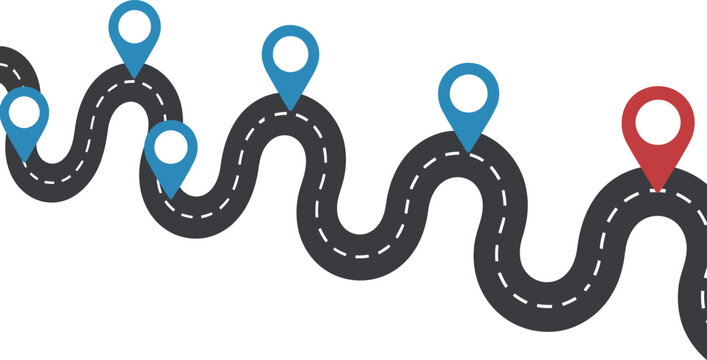 Set of journey and progression illustration vector &mdash; winding road with dashed center line and six location markers indicating steps or milestones