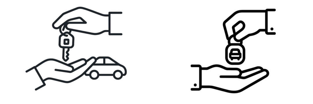 Handing over car keys in a rental exchange between two people at a car rental location