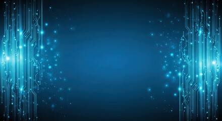 Futuristic digital data stream with blue neon lights and binary code pattern background