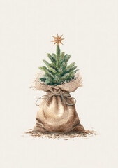 Rustic mini Christmas tree in burlap sack with golden star topper on neutral background, evoking natural holiday charm and festive simplicity in a cozy style.