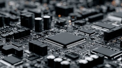 Intricate macro photography showcases the complex architecture of a computer motherboard highlighting the central processing unit memory slots capacitors resistors and circuit pathways for technology.
