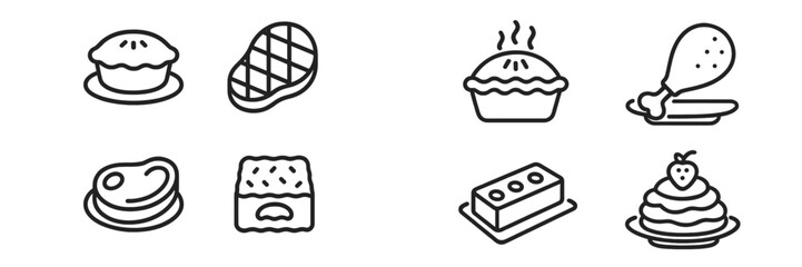 Assorted food icons featuring dishes like pies, meat, and desserts in a minimalistic design