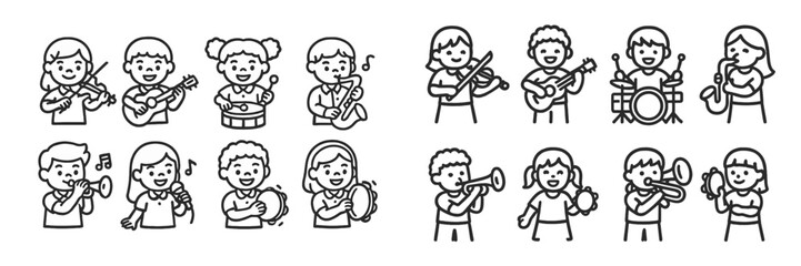 Children joyfully playing various musical instruments in a colorful music class during the afternoon