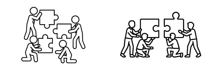 Team members collaborate to solve puzzles indoors during a team-building exercise in a bright, inviting workspace