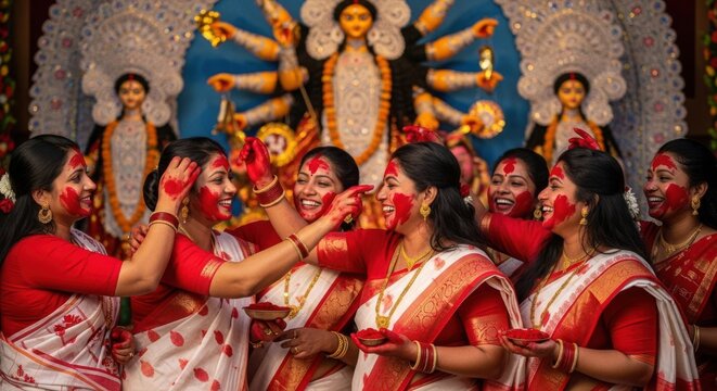 Celebration of Durga Puja with joyous women smearing sindoor
