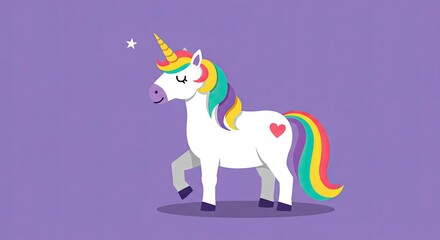 Cartoon Unicorn Walking on Purple Background with Rainbow Mane and Tail