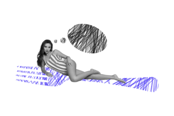 Creative poster collage of beach summertime gorgeous female swimsuit depressed stress thinking minded