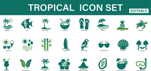 tropical icon set featuring palm tree, shark, underwater, beach, compass, sun, ocean, wave, summer, drink, island, and vacation symbols for travel and summer design.