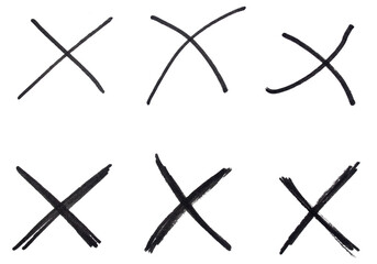 Set of hand drawn black x sign on transparent background