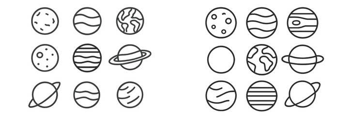 Vector illustration of various planets in a minimalistic style