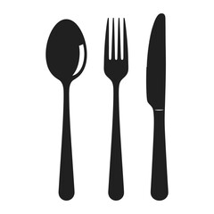 A simple black and white illustration of a spoon fork and knife arranged side by side on a white background vector