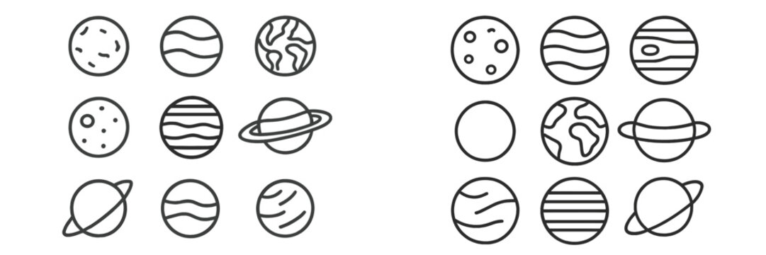 Vector illustration of various planets in a minimalistic style