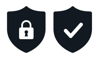 Two dark shields one with a white padlock and the other with a checkmark on a white background vector