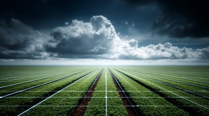 Expansive agricultural landscape showing neat parallel rows of green crops growing in a vast field under a dramatic overcast cloudy sky highlighting rural farming scenery.
