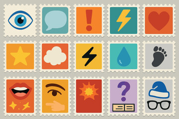 Cartoon Icon Stamp Collection with Emotions and Expressions