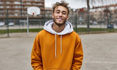 Young caucasian male smiling in urban basketball court setting