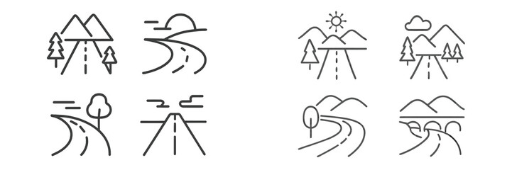 Vector illustration of various road scenes with mountains and trees