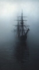 Fototapeta premium Ghostly galleon sailing through a dense fog shrouded seascape scenery