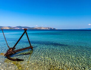 Rusty anchor in clear turquoise water
