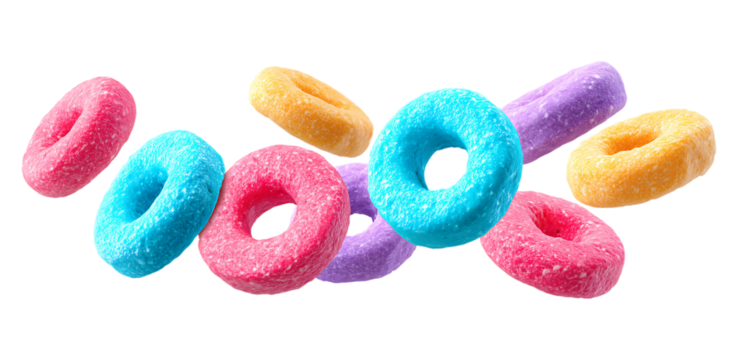 Vibrant Cereal Rings Floating: A Colorful Breakfast Delight isolated on a transparent background