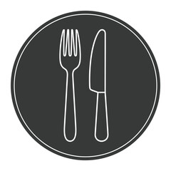 Illustration of a white outline fork and knife on a dark gray circular background with a white border vector