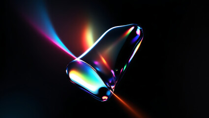 Abstract minimalist 3D render of iridescent glass shape with rainbow prism reflections on dark background. Futuristic crystal design with glowing light refraction and modern digital art.