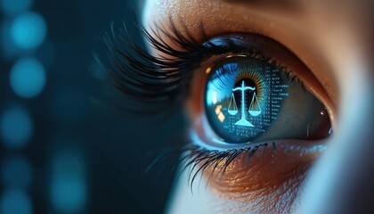 Macro view of female eye reflecting glowing digital data, featuring balance scale symbol. Blue light, abstract code create futuristic vision, insight, connection. Intriguing gaze suggests cyber law,